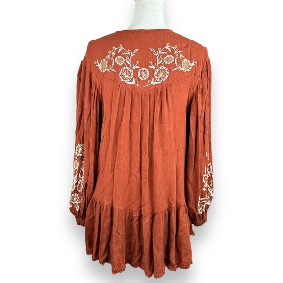 Free People Wild Dreams Embroidered Tunic Top Dress Rust Long Sleeve Peplum - Picture 5 of 9